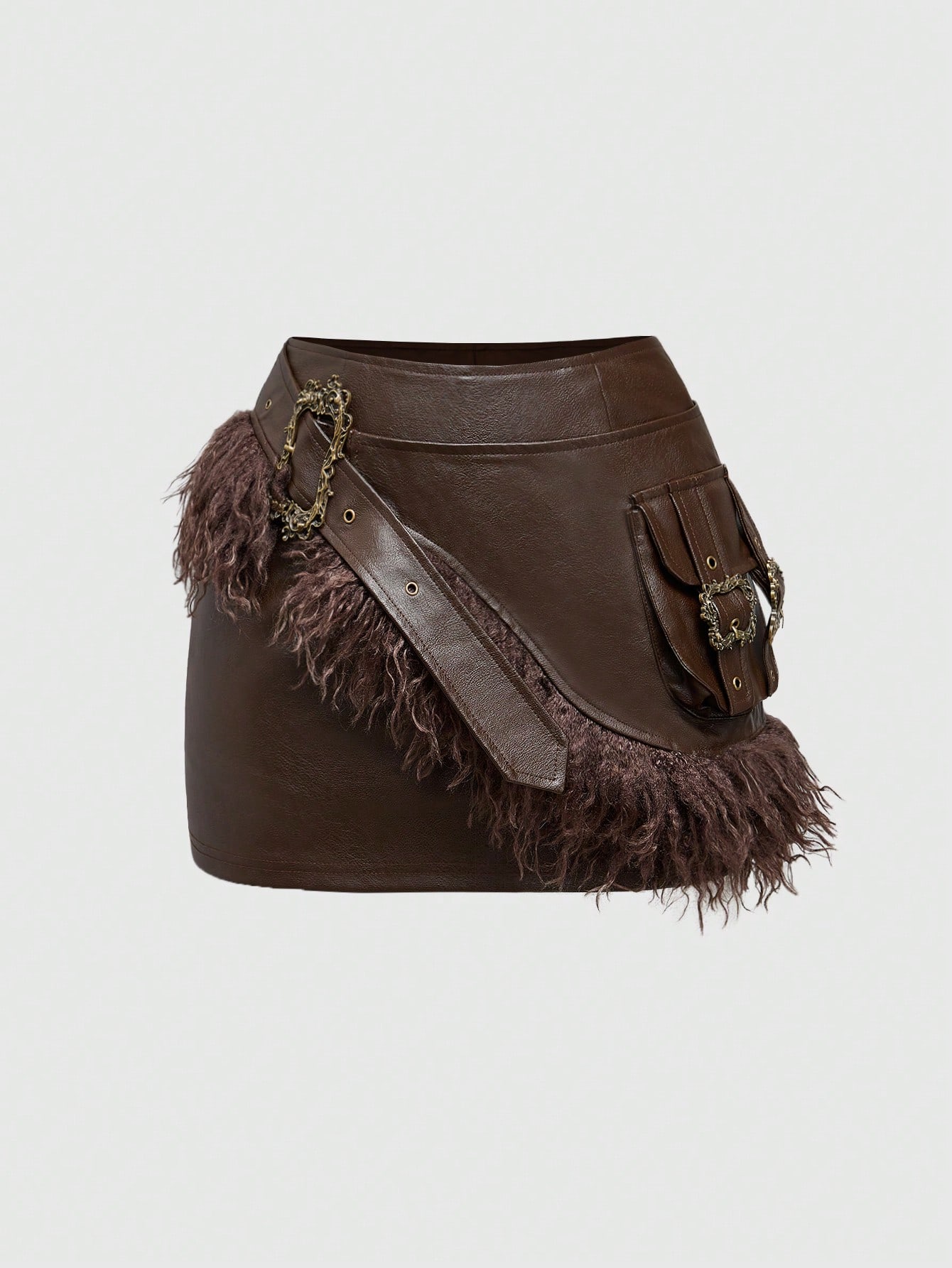 Grunge Punk Vintage Millennium Sexy Babe Maillard Faux Leather Patchwork Fluffy Waist Bag Pocket Decor A-Line Skirt